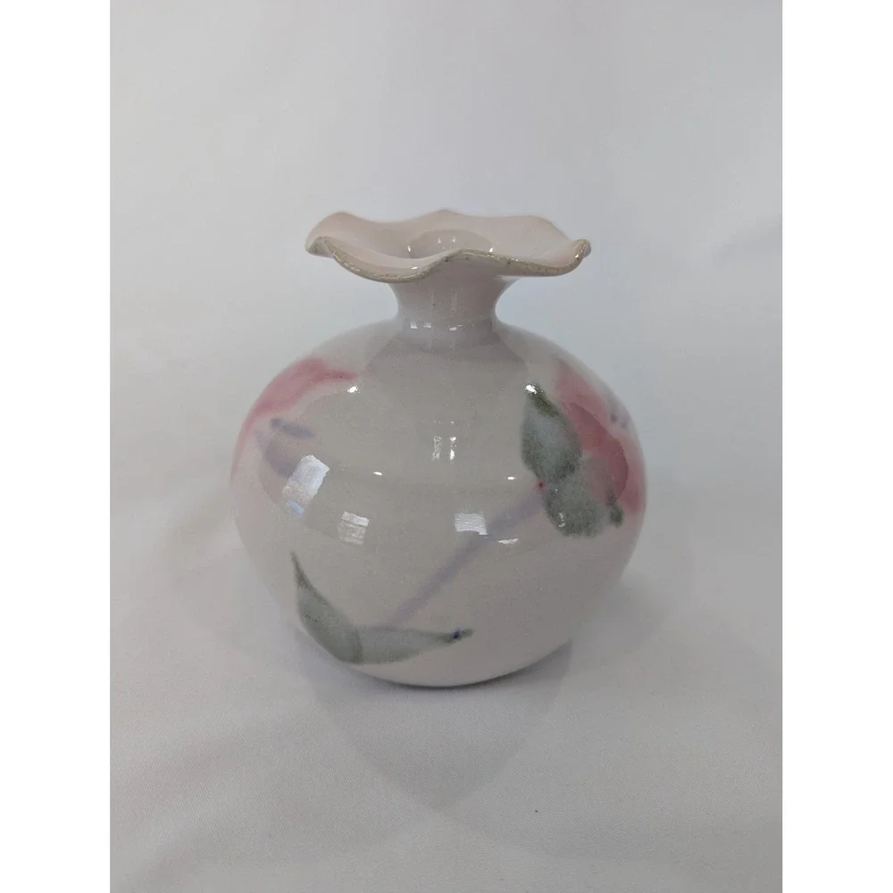 Jon Tury Michigan Studio Pottery Floral Bud Vase Ruffled Rim Pink White 4x4